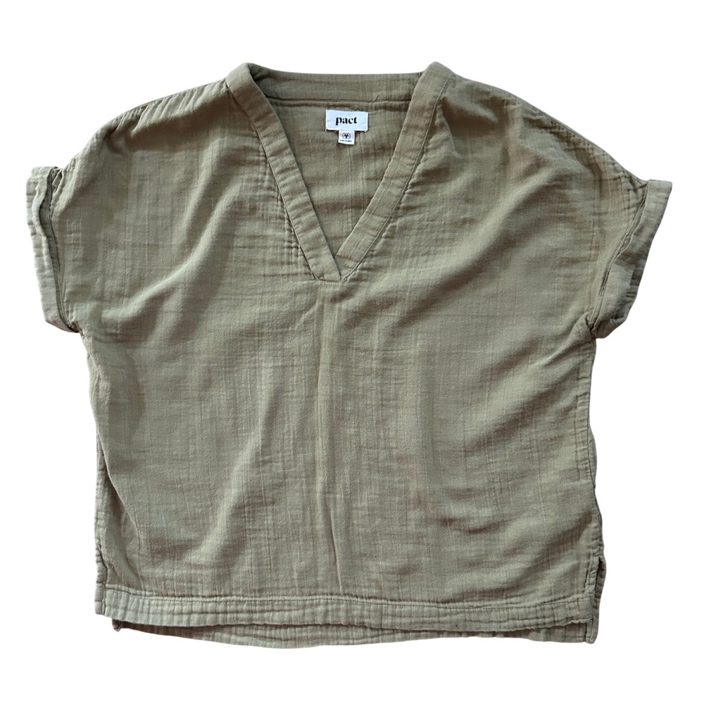 Pact Organic Cotton Double Gauze V-Neck Top Olive Green XS/S Short Sleeve Boho